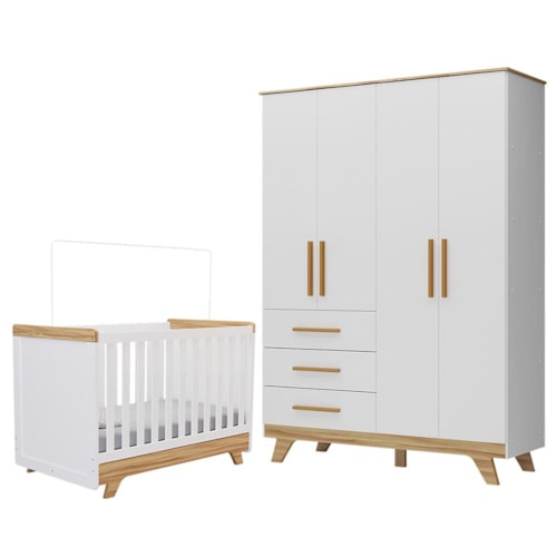 Jogo de Quarto Infantil Retrô Guarda Roupa e Berço Branco Brilho/Amêndoa - Móveis Peroba