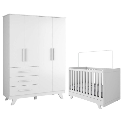 Jogo de Quarto Infantil Retrô Guarda Roupa e Berço Branco Brilho - Móveis Peroba