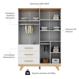Jogo de Quarto Infantil Retrô Guarda Roupa e Cômoda Branco Brilho/Amêndoa - Móveis Peroba