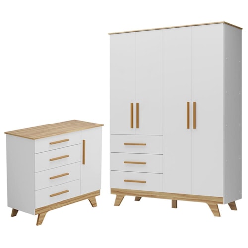 Jogo de Quarto Infantil Retrô Guarda Roupa e Cômoda Branco Brilho/Amêndoa - Móveis Peroba