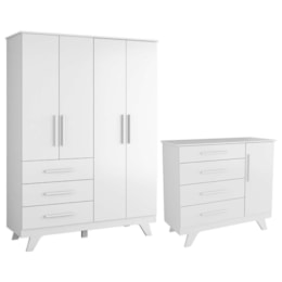 Jogo de Quarto Infantil Retrô Guarda Roupa e Cômoda Branco Brilho - Móveis Peroba