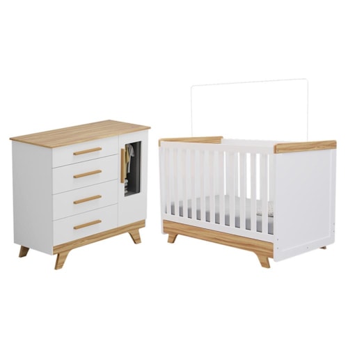 Jogo de Quarto Infantil Retrô Janelas Cômoda e Berço Branco Brilho/Amêndoa - Móveis Peroba