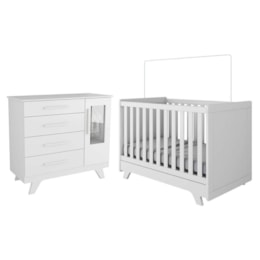 Jogo de Quarto Infantil Retrô Janelas Cômoda e Berço Branco Brilho - Móveis Peroba