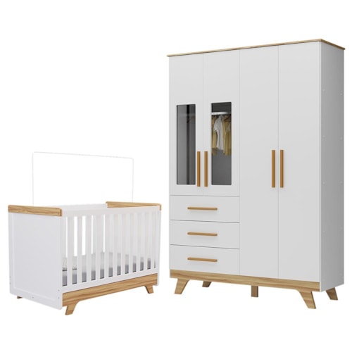 Jogo de Quarto Infantil Retrô Janelas Guarda Roupa e Berço Branco Brilho/Amêndoa - Móveis Peroba