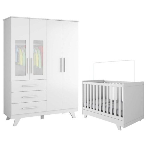 Jogo de Quarto Infantil Retrô Janelas Guarda Roupa e Berço Branco Brilho - Móveis Peroba
