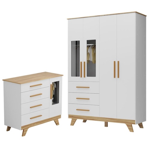 Jogo de Quarto Infantil Retrô Janelas Guarda Roupa e Cômoda Branco Brilho/Amêndoa - Móveis Peroba