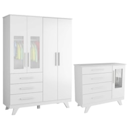 Jogo de Quarto Infantil Retrô Janelas Guarda Roupa e Cômoda Branco Brilho - Móveis Peroba 