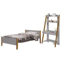 Jogo de Quarto Infantil Simba Estante Escrivaninha e Cama Cinza Fosco com Pés Amadeirado - Reller Móveis Jogo de Quarto Infantil Simba Estante Escrivaninha e Cama Cinza Fosco com Pés Amadeirado - Reller Móveis