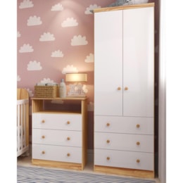 Jogo de Quarto Infantil Smim Guarda Roupa 2 Portas e Cômoda 3 Gavetas Branco Brilho/Amêndoa - Móveis Peroba