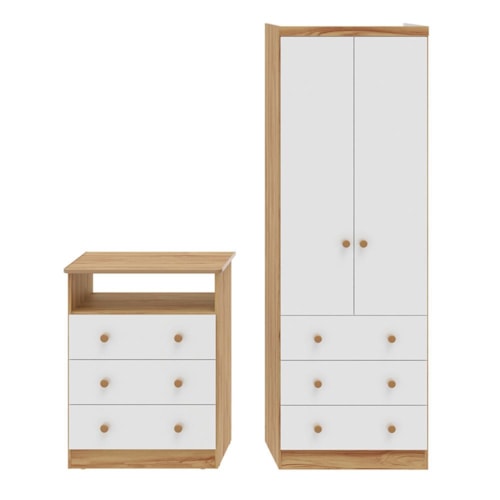 Jogo de Quarto Infantil Smim Guarda Roupa 2 Portas e Cômoda 3 Gavetas Branco Brilho/Amêndoa - Móveis Peroba