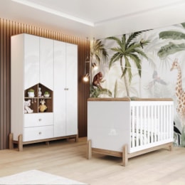 Jogo de Quarto Infantil Ternura Branco/Jequitibá com Guarda Roupa e Berço - Móveis Henn 