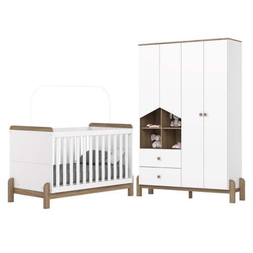 Jogo de Quarto Infantil Ternura Branco/Jequitibá com Guarda Roupa e Berço - Móveis Henn 