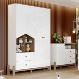 Jogo de Quarto Infantil Ternura com Guarda Roupa e Cômoda Branco/Jequitibá - Móveis Henn