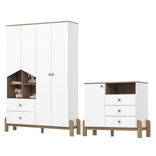 Jogo de Quarto Infantil Ternura com Guarda Roupa e Cômoda Branco/Jequitibá - Móveis Henn