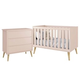Jogo de Quarto Infantil Theo Cômoda 3 Gavetas e Berço Rosa Fosco com Pés Madeira Natural - Reller Móveis Jogo de Quarto Infantil Theo Cômoda 3 Gavetas e Berço Rosa Fosco com Pés Madeira Natural - Reller Móveis