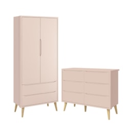 Jogo de Quarto Infantil Theo Guarda Roupa 2 Portas e Cômoda 6 Gaveta Rosa Fosco com Pés Madeira Natural - Reller Móveis  Jogo de Quarto Infantil Theo Guarda Roupa 2 Portas e Cômoda 6 Gaveta Rosa Fosco com Pés Madeira Natural - Reller Móveis