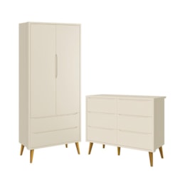 Jogo de Quarto Infantil Theo Guarda Roupa 2 Portas e Cômoda 6 Gavetas Areia Fosco com Pés Amadeirado - Reller Móveis Jogo de Quarto Infantil Theo Guarda Roupa 2 Portas e Cômoda 6 Gavetas Areia Fosco com Pés Amadeirado - Reller Móveis