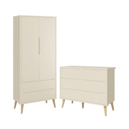 Jogo de Quarto Infantil Theo Guarda Roupa 2 Portas e Cômoda 6 Gavetas Areia Fosco com Pés Madeira Natural - Reller Móveis  Jogo de Quarto Infantil Theo Guarda Roupa 2 Portas e Cômoda 6 Gavetas Areia Fosco com Pés Madeira Natural - Reller Móveis