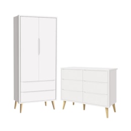 Jogo de Quarto Infantil Theo Guarda Roupa 2 Portas e Cômoda 6 Gavetas Branco Fosco com Pés Madeira Natural - Reller Móveis  Jogo de Quarto Infantil Theo Guarda Roupa 2 Portas e Cômoda 6 Gavetas Branco Fosco com Pés Madeira Natural - Reller Móveis