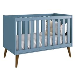 Jogo de Quarto Infantil Theo Guarda Roupa 3 Portas e Berço Azul Fosco com Pés Amadeirado - Reller Móveis