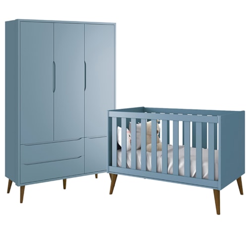 Jogo de Quarto Infantil Theo Guarda Roupa 3 Portas e Berço Azul Fosco com Pés Amadeirado - Reller Móveis