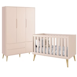 Jogo de Quarto Infantil Theo Guarda Roupa 3 Portas e Berço Rosa Fosco com Pés Madeira Natural - Reller Móveis Jogo de Quarto Infantil Theo Guarda Roupa 3 Portas e Berço Rosa Fosco com Pés Madeira Natural - Reller Móveis