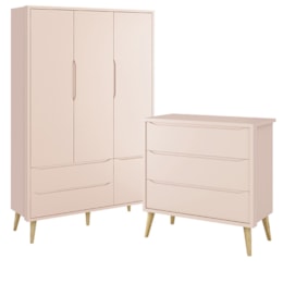 Jogo de Quarto Infantil Theo Guarda Roupa 3 Portas e Cômoda 3 Gavetas Rosa Fosco com Pés Madeira Natural - Reller Móveis Jogo de Quarto Infantil Theo Guarda Roupa 3 Portas e Cômoda 3 Gavetas Rosa Fosco com Pés Madeira Natural - Reller Móveis