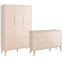 Jogo de Quarto Infantil Theo Guarda Roupa 3 Portas e Cômoda Rosa Fosco com Pés Madeira Natural - Reller Móveis Jogo de Quarto Infantil Theo Guarda Roupa 3 Portas e Cômoda Rosa Fosco com Pés Madeira Natural - Reller Móveis