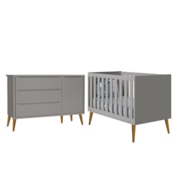 Jogo de Quarto Infantil Theo Retrô Cômoda 1 Porta e Berço Cinza Fosco com Pés Amadeirado - Reller Móveis Jogo de Quarto Infantil Theo Retrô Cômoda 1 Porta e Berço Cinza Fosco com Pés Amadeirado - Reller Móveis
