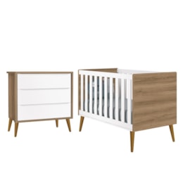 Jogo de Quarto Infantil Theo Retrô Cômoda 3 Gavetas e Berço Branco Fosco/Mezzo com Pés Amadeirado - Reller Móveis Jogo de Quarto Infantil Theo Retrô Cômoda 3 Gavetas e Berço Branco Fosco/Mezzo com Pés Amadeirado - Reller Móveis