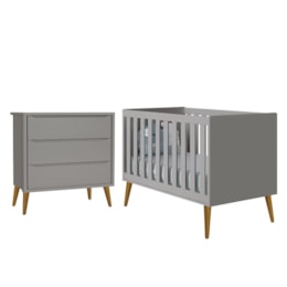 Jogo de Quarto Infantil Theo Retrô Cômoda 3 Gavetas e Berço Cinza Fosco com Pés Amadeirado - Reller Móveis Jogo de Quarto Infantil Theo Retrô Cômoda 3 Gavetas e Berço Cinza Fosco com Pés Amadeirado - Reller Móveis