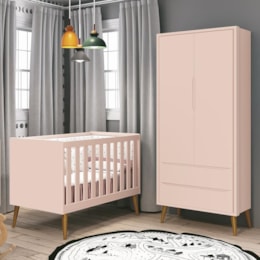 Jogo de Quarto Infantil Theo Retrô Guarda Roupa 2 Portas e Berço Rosa Fosco com Pés Amadeirado - Reller Móveis Jogo de Quarto Infantil Theo Retrô Guarda Roupa 2 Portas e Berço Rosa Fosco com Pés Amadeirado - Reller Móveis