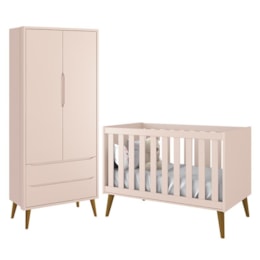Jogo de Quarto Infantil Theo Retrô Guarda Roupa 2 Portas e Berço Rosa Fosco com Pés Amadeirado - Reller Móveis Jogo de Quarto Infantil Theo Retrô Guarda Roupa 2 Portas e Berço Rosa Fosco com Pés Amadeirado - Reller Móveis