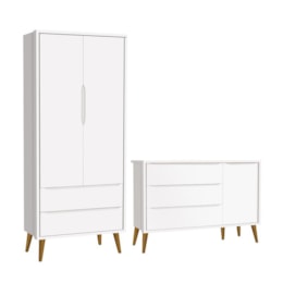 Jogo de Quarto Infantil Theo Retrô Guarda Roupa 2 Portas e Cômoda 1 Porta Branco Fosco com Pés Amadeirado - Reller Móveis Jogo de Quarto Infantil Theo Retrô Guarda Roupa 2 Portas e Cômoda 1 Porta Branco Fosco com Pés Amadeirado - Reller Móveis