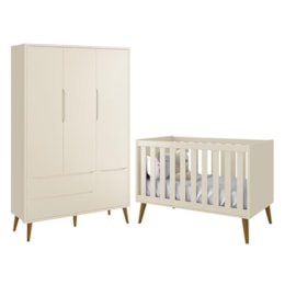 Jogo de Quarto Infantil Theo Retrô Guarda Roupa 3 Portas e Berço Areia Fosco com Pés Amadeirado - Reller Móveis Jogo de Quarto Infantil Theo Retrô Guarda Roupa 3 Portas e Berço Areia Fosco com Pés Amadeirado - Reller Móveis