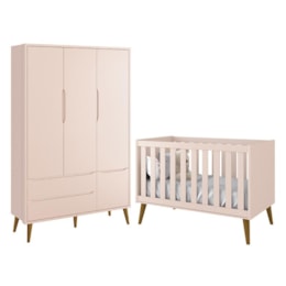 Jogo de Quarto Infantil Theo Retrô Guarda Roupa 3 Portas e Berço Rosa Fosco com Pés Amadeirado - Reller Móveis Jogo de Quarto Infantil Theo Retrô Guarda Roupa 3 Portas e Berço Rosa Fosco com Pés Amadeirado - Reller Móveis