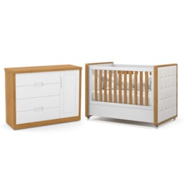 Jogo de Quarto Infantil Tutto New Cômoda 1 Porta e Berço Branco Soft/Freijó com Capitonê - Matic Móveis