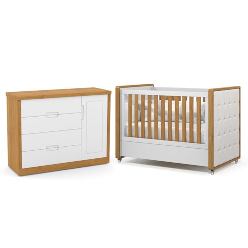 Jogo de Quarto Infantil Tutto New Cômoda 1 Porta e Berço Branco Soft/Freijó com Capitonê - Matic Móveis