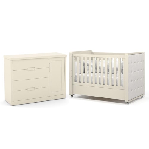 Jogo de Quarto Infantil Tutto New Cômoda 1 Porta e Berço Off White com Capitonê - Matic Móveis