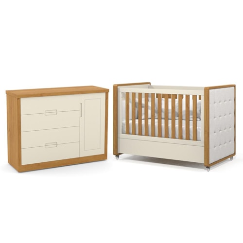 Jogo de Quarto Infantil Tutto New Cômoda 1 Porta e Berço Off White/Freijó com Capitonê - Matic Móveis