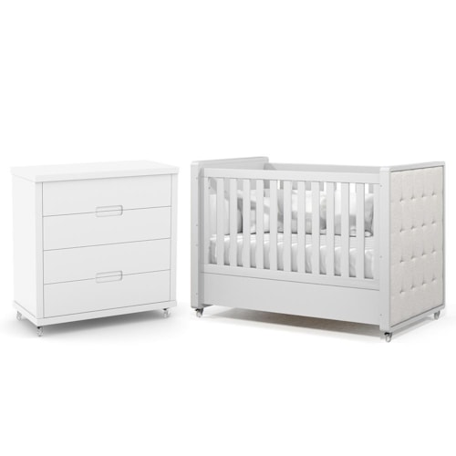 Jogo de Quarto Infantil Tutto New Cômoda 4 Gavetas e Berço Branco Soft com Capitonê - Matic Móveis