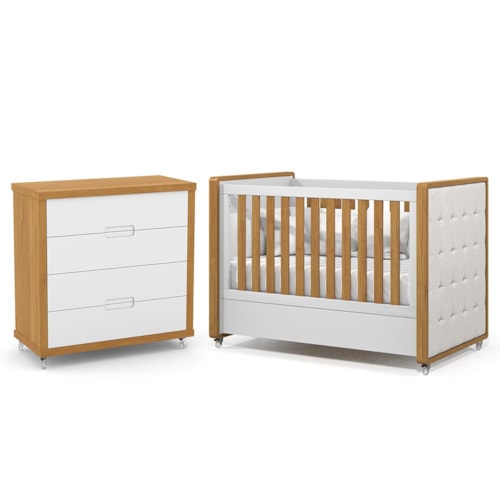 Jogo de Quarto Infantil Tutto New Cômoda 4 Gavetas e Berço Branco Soft/Freijó com Capitonê - Matic Móveis