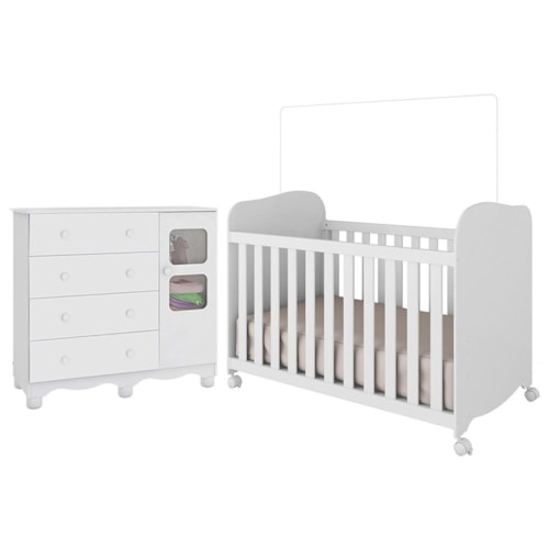 Jogo de Quarto Infantil Uli Cômoda e Berço Branco Brilho - Móveis Peroba