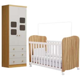 Jogo de Quarto Infantil Uli Guarda Roupa 2 Portas e Berço Branco Brilho/Amêndoa - Móveis Peroba