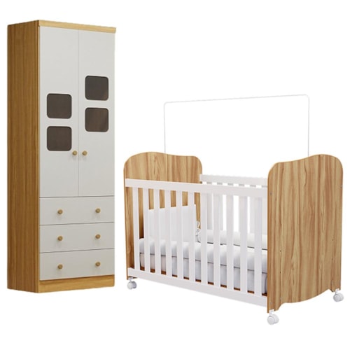 Jogo de Quarto Infantil Uli Guarda Roupa 2 Portas e Berço Branco Brilho/Amêndoa - Móveis Peroba
