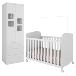 Jogo de Quarto Infantil Uli Guarda Roupa 2 Portas e Berço Branco Brilho - Móveis Peroba