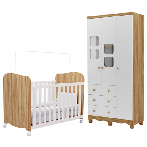 Jogo de Quarto Infantil Uli Guarda Roupa 3 Portas e Berço Branco Brilho/Amêndoa - Móveis Peroba