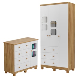 Jogo de Quarto Infantil Uli Guarda Roupa 3 Portas e Cômoda Branco Brilho/Amêndoa - Móveis Peroba