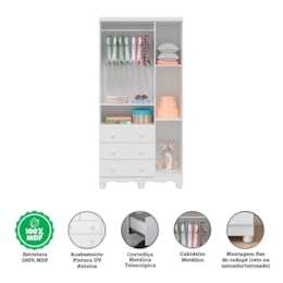 Jogo de Quarto Infantil Uli Guarda Roupa 3 Portas e Cômoda Branco Brilho - Móveis Peroba