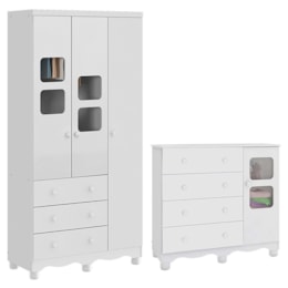 Jogo de Quarto Infantil Uli Guarda Roupa 3 Portas e Cômoda Branco Brilho - Móveis Peroba